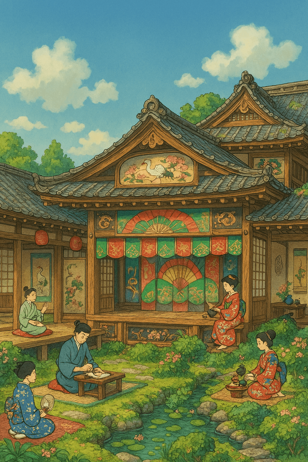 An enchanting illustration in Studio Ghibli's signature style depicting a serene Edo-period sanctuary used for practicing social arts like Kabuki theater, poetry, and tea ceremonies. The bottom half of the image showcases traditional wooden architecture, sliding paper doors, lush gardens, and expressive characters engaging in cultural activities. The top half features an expansive, tranquil sky with soft clouds and a gentle gradient, leaving extra empty space at the top-center for textual information. The scene blends vibrant colors, whimsical details, and intricate decorations inspired by Edo aesthetics, creating a harmonious and dreamlike atmosphere.