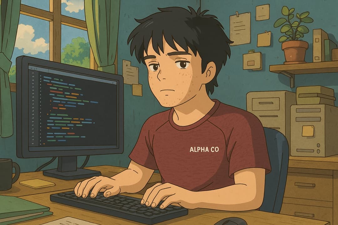 An illustration of a person sitting at a desk in a cozy, well-lit room with a window revealing a sunny outdoor scene. The individual is wearing a maroon shirt with the text 'ALPHA CO' and is typing on a keyboard while working on code displayed on a computer monitor. The workspace includes organized shelves, plants, and office supplies, creating a productive and inviting atmosphere.
